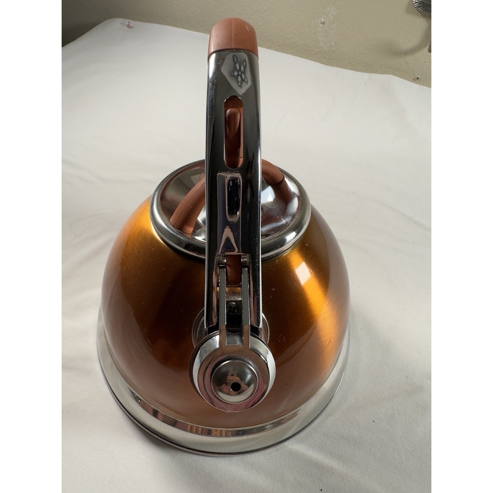 Lenox Whistling Tea Kettle 2 5 Qt Stainless Steel Gold Rubber Handle - Picture 4 of 11